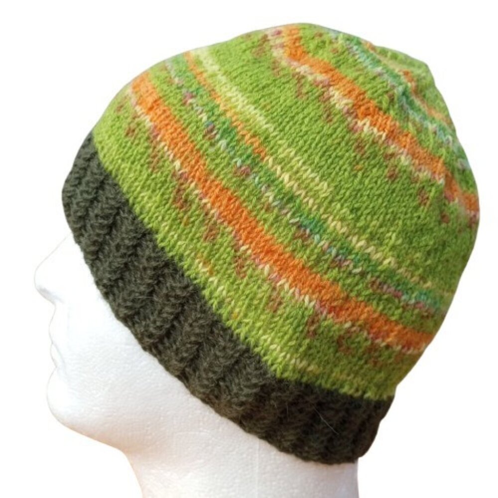 Men's Alpaca Wool Beanie Skully Hand Knit Hat Thin Faux Fair Isle Green Orange